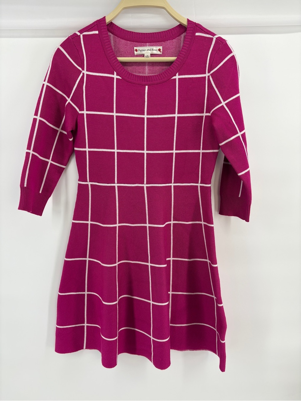 Poppies & Roses Girls Size 12 Sweater Dress Pink White Windowpane 3/4 Sleeve